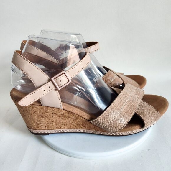 Clarks Sandals 10 Wide Helio Latitude Leather Embossed Snakeskin Wedge Strappy - Picture 1 of 10